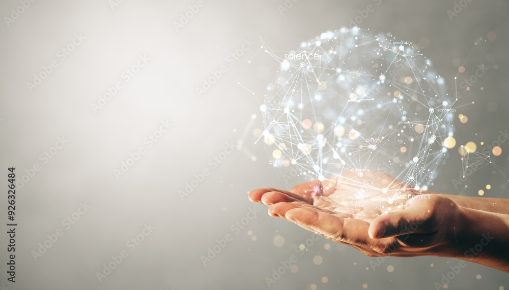 Poster Hands holding a virtual hologram sphere with connected data points on a light background.
