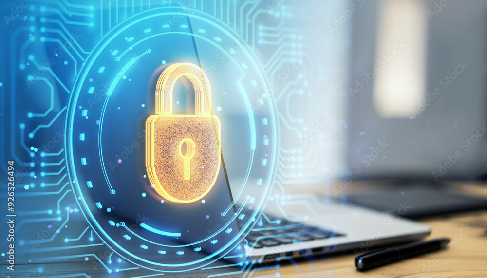 Poster digital padlock hologram overlaying a laptop on a desk, symbolizing cybersecurity and data protectio