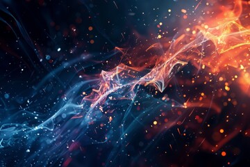 Abstract swirling blue and orange smoke with sparks