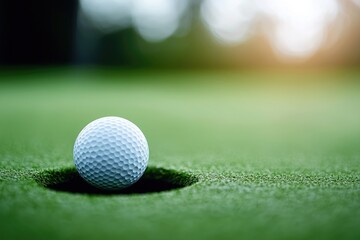 Obraz premium A close-up shot of a golf ball near the hole on a lush green course, capturing the essence of the game on a beautiful day.