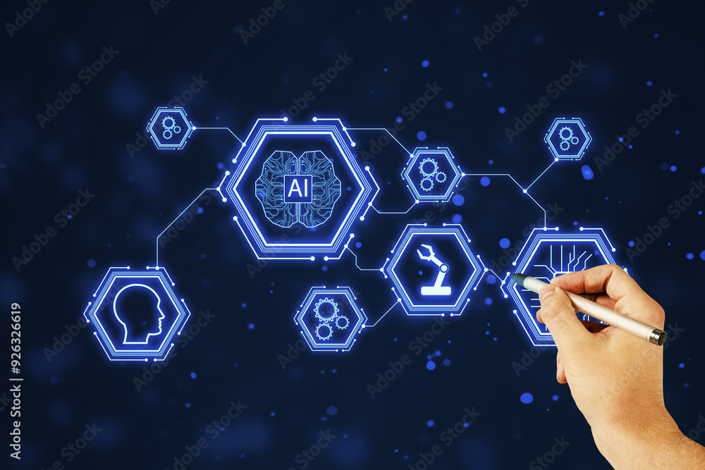 Poster hand interacting with futuristic ai interface on dark blue background.