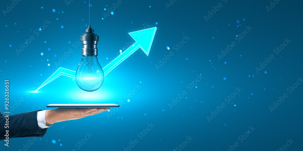 Poster bright lightbulb over tablet with upward arrow on blue background representing growth and innovation