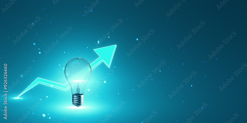 Aufkleber lightbulb with upward arrow symbolizing growth and creativity on blue background. 3d rendering