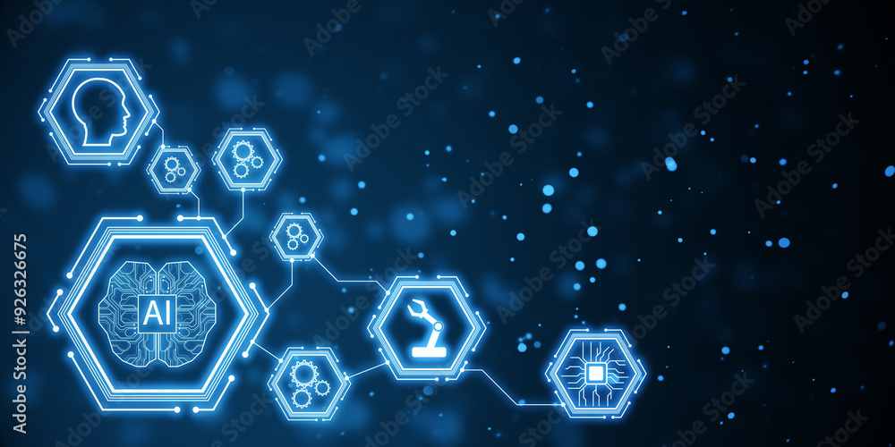 Poster Artificial intelligence symbols interconnected on a dark blue background. 3D Rendering