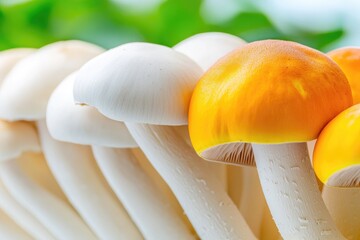 A colorful display of fresh edible mushrooms, showcasing smooth caps and vibrant colors, perfect for culinary and nature themes.