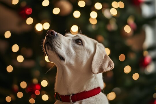 white labradore with red collar looking up at christmas tree 