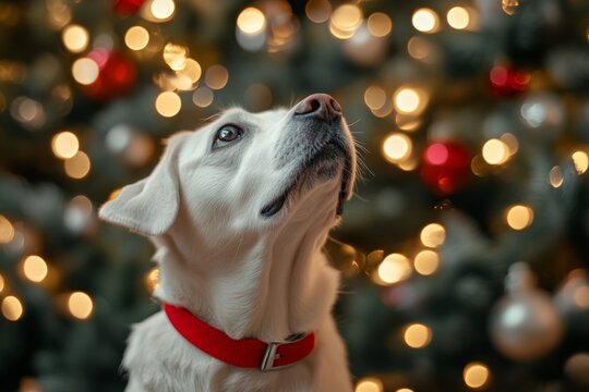 labradore looking up at christmas tree 
