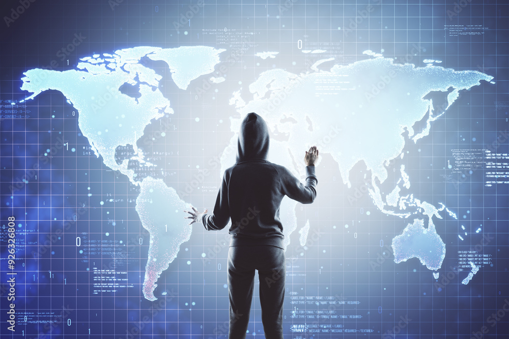 Poster Hacker in front of a digital world map on a virtual screen in a dark room.