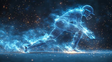 Digital blue low poly cricket player with glowing data streams AI in sports analytics, player performance tracking systems, match prediction algorithms, and training programs. wireframe player design
