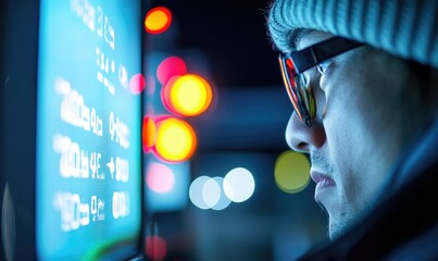 A focused individual examines digital information against a vibrant night backdrop, showcasing modern urban life and technology.