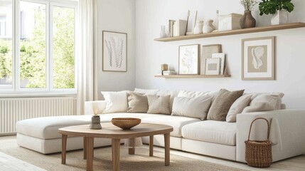 Sofa table and shelf units in a lightfilled living room Interior design concept