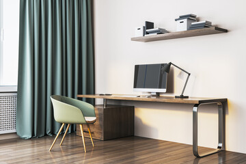 Modern home office with computer and minimalist furniture. 3D Rendering