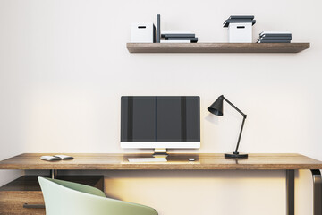 Modern desk setup with computer and office supplies on wooden table. 3D Rendering