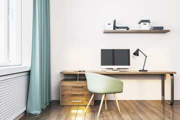 Modern home office with a wooden desk and computer. 3D Rendering