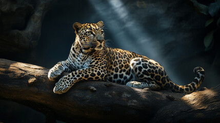 A brown-and-black spotted leopard lounges on a log, backdropped by a shadowy dark void. --ar 16:9 --v 6.1 Job ID: fb57cb02-989b-4c74-8ca5-7ef8cc735382