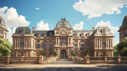 Majestic European University Building With Ornate Facade and Grand Staircase in a Lush Green Campus