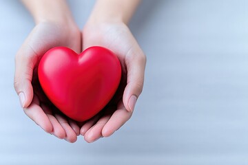 Fototapeta premium A pair of hands gently cradling a vibrant red heart symbolizing love and care on a soft, blurred background.