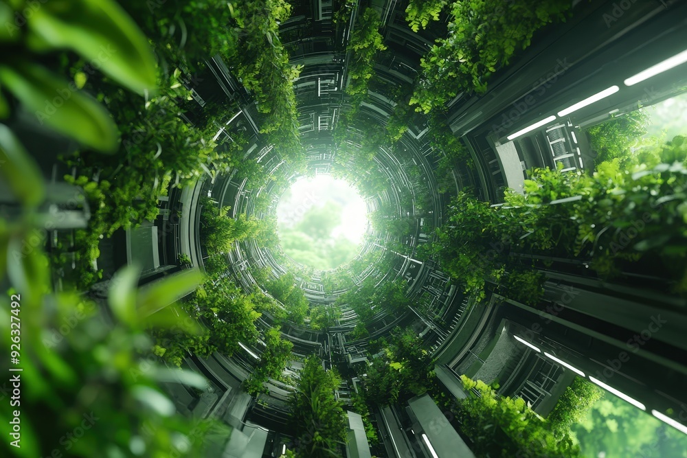 Poster Exploring Sustainable Design: Nature Blending with Modern Architecture in a Captivating Circular Structure