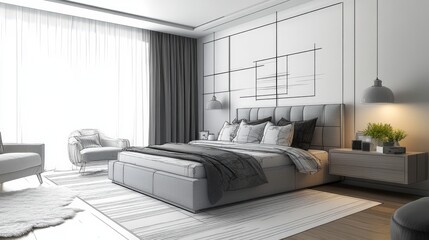 Stylish bedroom interior with modern furniture presented as a combination of photo and sketch