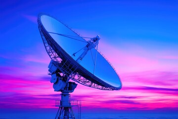 A stunning satellite dish silhouetted against a vibrant purple and blue sunset sky, symbolizing technology and communication.