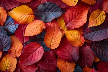 Fototapeta premium Autumn leaves in vibrant shades of red, orange, and purple scattered on a surface