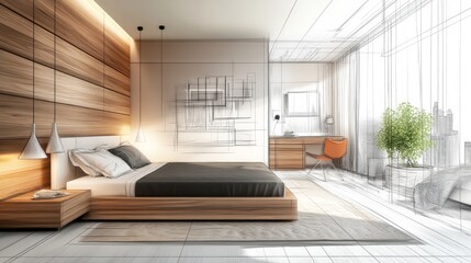 Stylish bedroom interior with modern furniture presented as a combination of photo and sketch