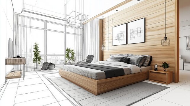 Stylish bedroom interior with modern furniture presented as a combination of photo and sketch