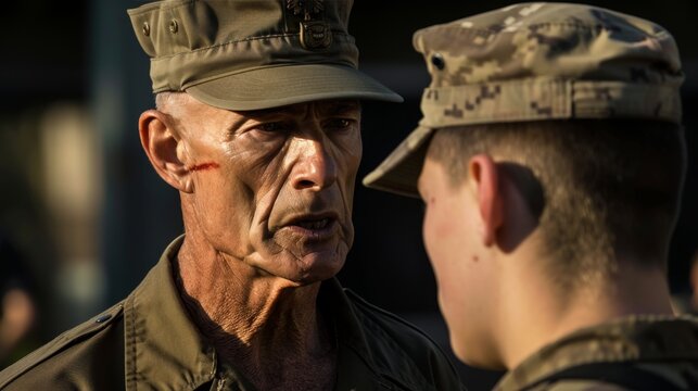 Military Drill Instructor Commanding Recruit During Intense Training