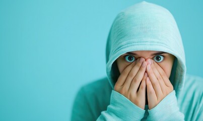 A young person in a hoodie covering their face, expressing emotions of fear or shyness against a soft blue background.