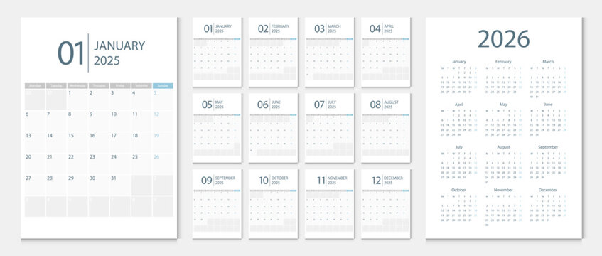 Calendar 2025, calendar 2026 week start Monday corporate design template vector. Desk calendar 2025