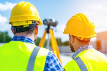 Two construction workers with hard hats analyze a site using a surveying tool under a bright blue sky.