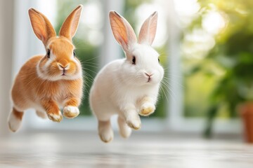 Obraz premium Two playful rabbits leap joyfully indoors, capturing the essence of companionship and movement in a cozy environment.