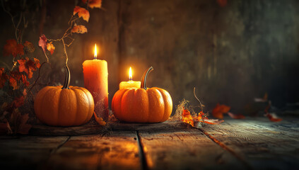 Halloween pumpkin and candles on wooden table