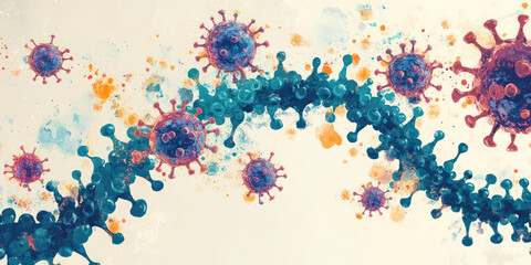 Microscopic view of a dangerous virus cell mutating with rna strands floating around it. This illustration could be used for medical or science related projects