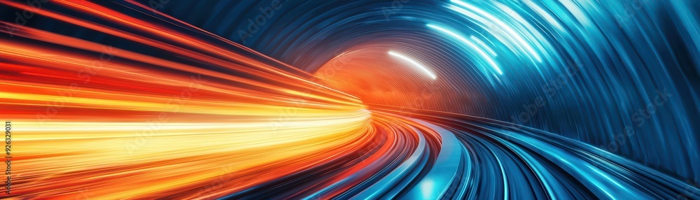 Poster dynamic abstract tunnel with vibrant lights, symbolizing speed and motion in a futuristic landscape.