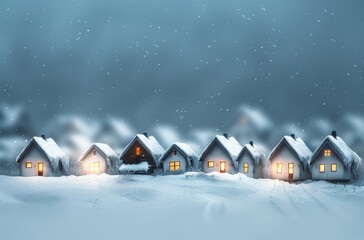 Cozy Snow-Covered Village Ornament at Night with Warm Glowing Lights
