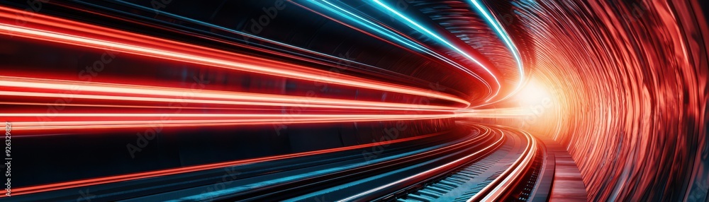 Poster dynamic light trail in a tunnel showcasing vivid colors of blue and red, symbolizing speed and motio