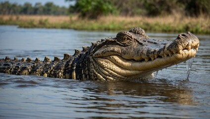 Obraz premium a crocodile that swims in an African river