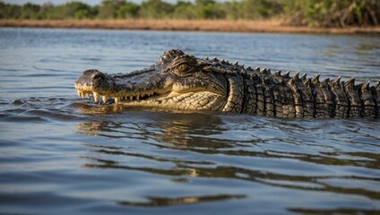 Fototapeta premium a crocodile that swims in an African river