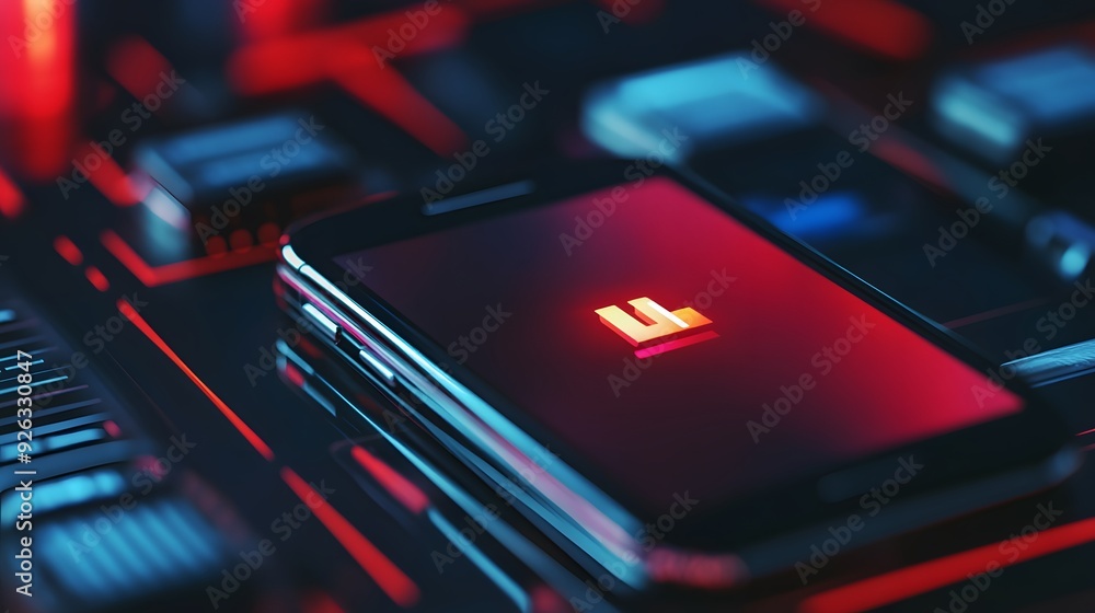 Poster a phone is charging with a cord plugged into it. the phone is lit up with a red glow