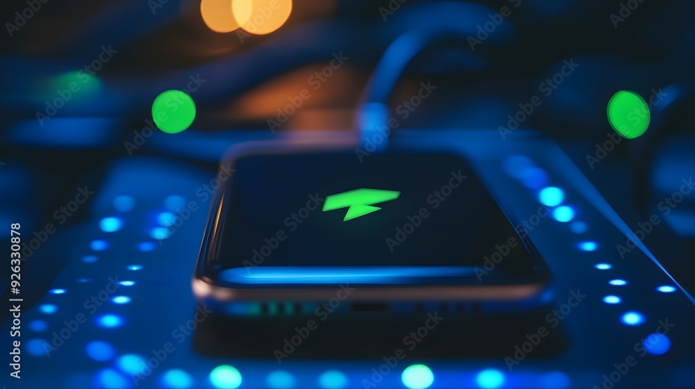 Poster a phone is charging with a cord plugged into it. the phone is lit up with a red glow