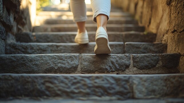 Elegant Woman Walking Up Stylish Stone Stairs Outdoors Closeup
