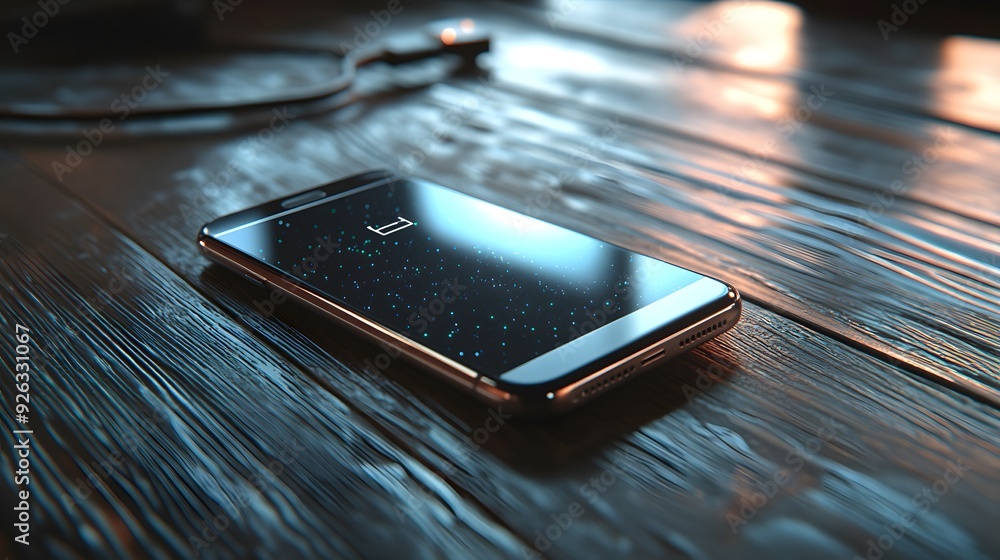 Poster a phone is charging with a cord plugged into it. the phone is lit up with a red glow