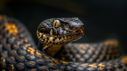 Obraz premium Venomous Snake Coiled, Showcasing Fangs and Intense Eyes Ready to Strike