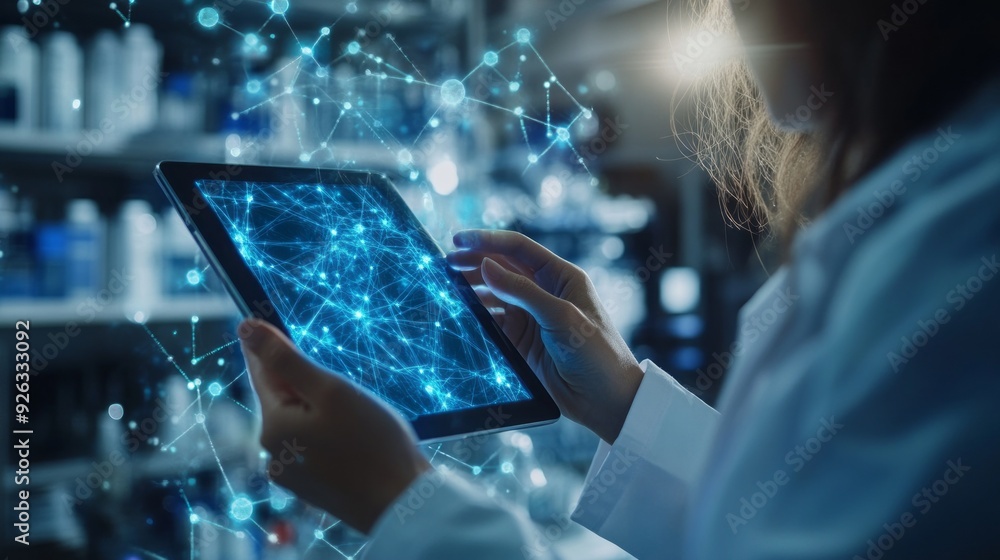 Aufkleber A researcher interacts with a tablet displaying complex data visualizations, immersed in a tech-driven lab environment