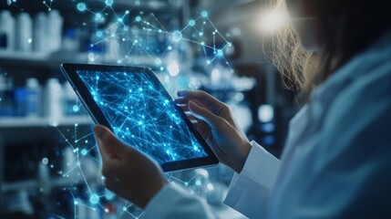 A researcher interacts with a tablet displaying complex data visualizations, immersed in a tech-driven lab environment