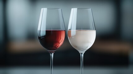 This image shows two glasses filled with red and white wine, standing side by side against a dark background, perfect for use in wine and beverage-related marketing materials.