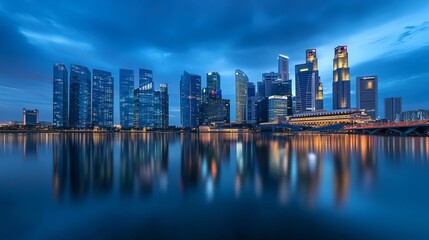 Fototapeta premium Singapore cityscape at dusk featuring the landscape of business buildings around Marina Bay Modern highrise buildings in the business district area during twilight