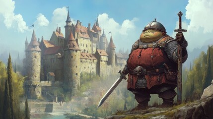 A chubby monster knight wielding a tiny sword, standing proudly in front of a medieval castle with a moat