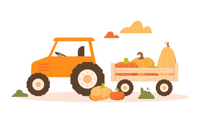 Tractor with trailer and vegetables on a white background